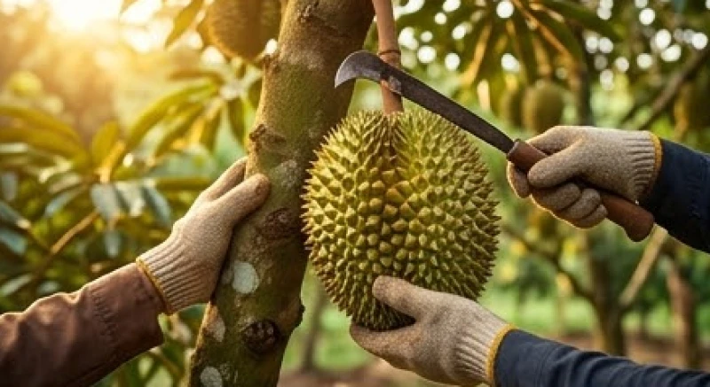Người nông dân cẩn thận hái quả sầu riêng trên cây thể hiện sự chủ động nắm bắt cơ hội