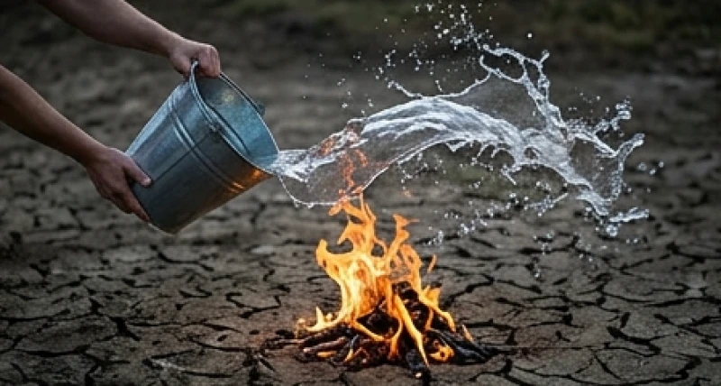 Đôi bàn tay vội vã hắt xô nước mát vào một đám cháy nhỏ đang bùng phát trên nền đất nứt nẻ