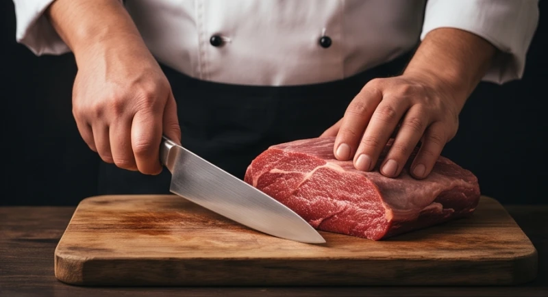 Đôi bàn tay khéo léo đang tự tay làm thịt bò tươi trên thớt, biểu tượng của sự kiểm soát cục diện