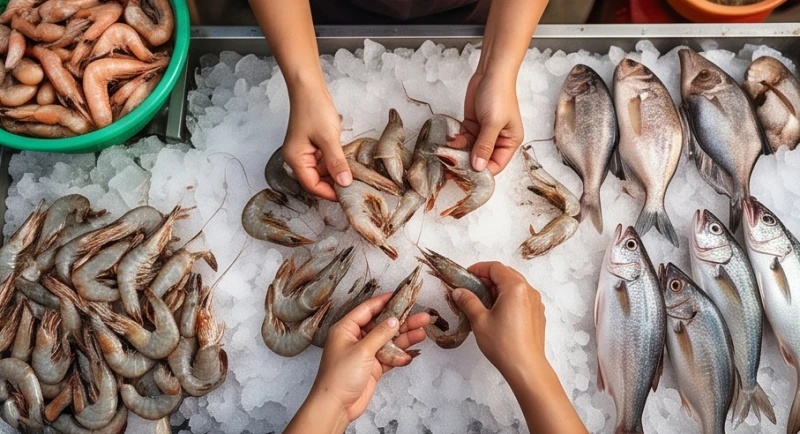 Bàn tay đang cẩn thận lựa chọn những con tôm cá tươi ngon nhất trên khay đá
