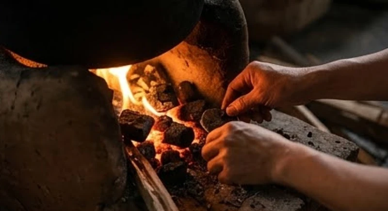 Đôi bàn tay cẩn thận nhóm ngọn lửa nhỏ trong chiếc bếp than hồng rực rỡ báo hiệu tài lộc