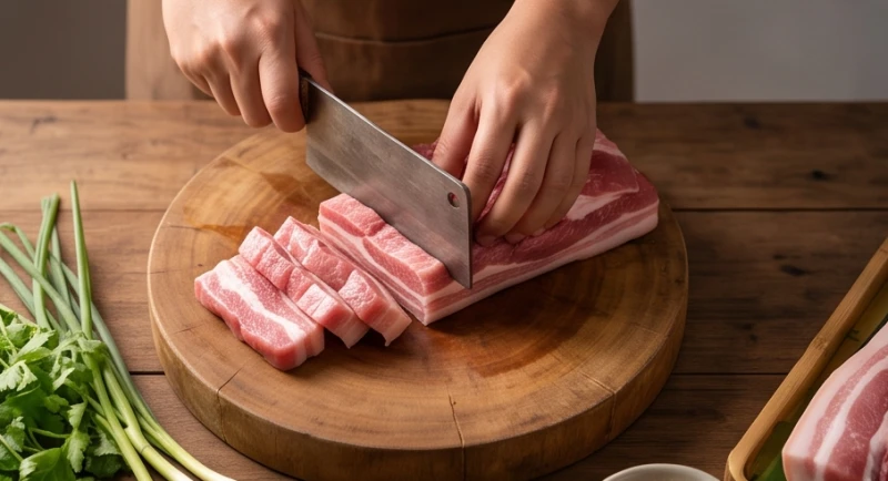 Đôi bàn tay cầm dao thái thịt lợn tươi trên chiếc thớt gỗ dày thể hiện khả năng kiểm soát tài chính