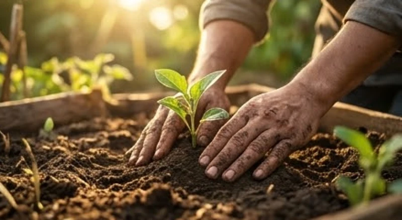 Đôi bàn tay dính đầy bùn đất đang cẩn thận gieo hạt giống và vun trồng mầm xanh trong vườn