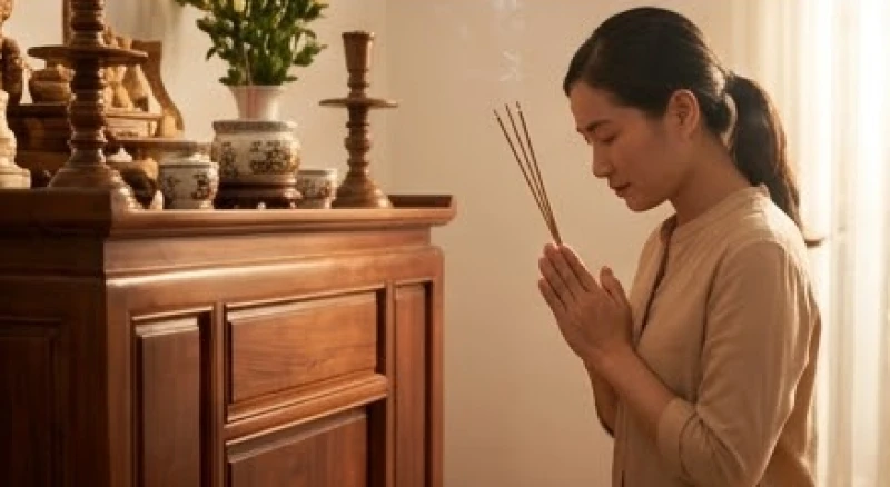 Người đứng lễ lịch sự chắp hai tay ôm lấy thân nhang ngang tầm ngực và cúi đầu vái lạy