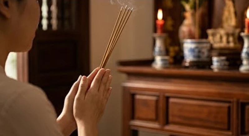 Người làm lễ chắp tay hình búp sen, giữ lưng thẳng trang nghiêm khi đứng trước ban thờ đọc văn khấn