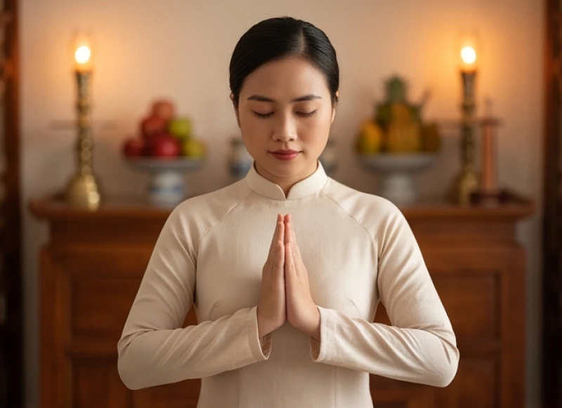 Người đàn ông mặc trang phục lịch sự đứng thẳng lưng và chắp tay hình búp sen khi đọc văn khấn gia tiên