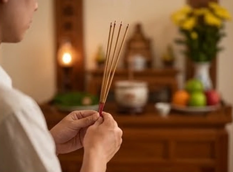 Người đàn ông mặc trang phục chỉnh tề đang chắp tay thành kính đọc bài văn khấn Thổ Công ngày 30 hàng tháng trước ban thờ