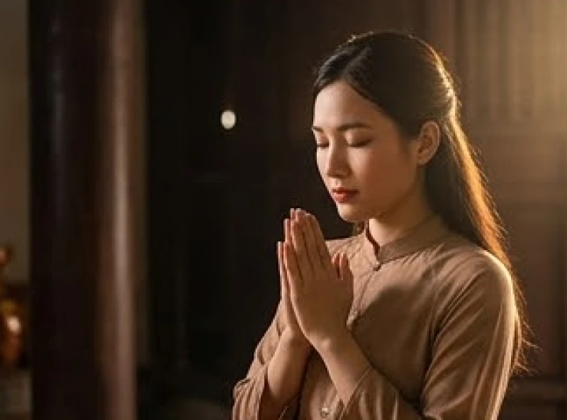 Người phụ nữ chắp tay ngang ngực, mắt rũ nhẹ thành tâm cầu nguyện trước không gian thờ tự