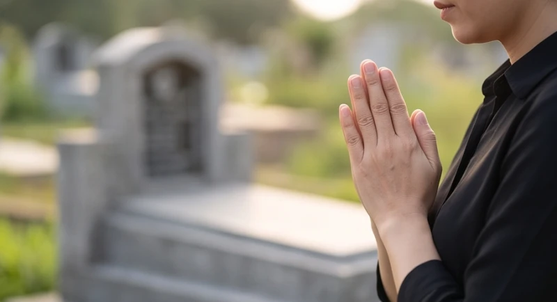 Văn khấn tạ long mạch ngoài mộ: Bài cúng chuẩn và lưu ý kiêng kỵ 5 Người đàn ông chắp hai tay ngang ngực và đứng cách xa rìa nấm mộ để giữ sự tôn nghiêm