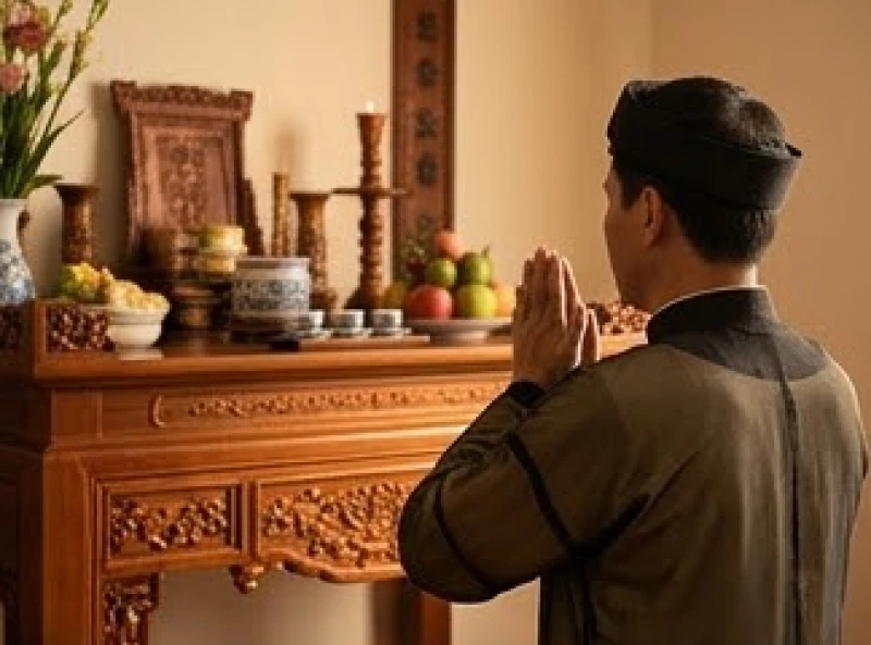 Văn khấn mời gia tiên về thụ hưởng lễ vật: Trình tự cúng trọn vẹn 3 Người nam mặc áo tràng chắp tay vái lạy trang nghiêm trước di ảnh trên bàn thờ họ