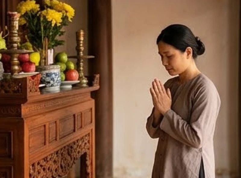 Văn khấn đình làng mùng 1: Bài cúng chi tiết và nghi thức dâng lễ 9 Tín chủ đứng hơi chếch sang một bên, chắp tay ngang ngực và vái lạy nhịp nhàng sau khi đọc xong văn khấn