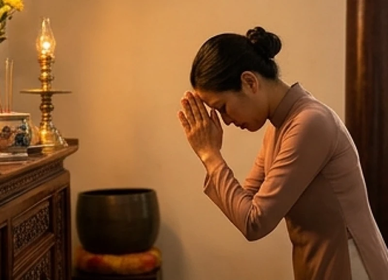 Người cúng chắp hai tay ngang trán và cúi gập người vái lạy sau khi hoàn thành bài văn khấn