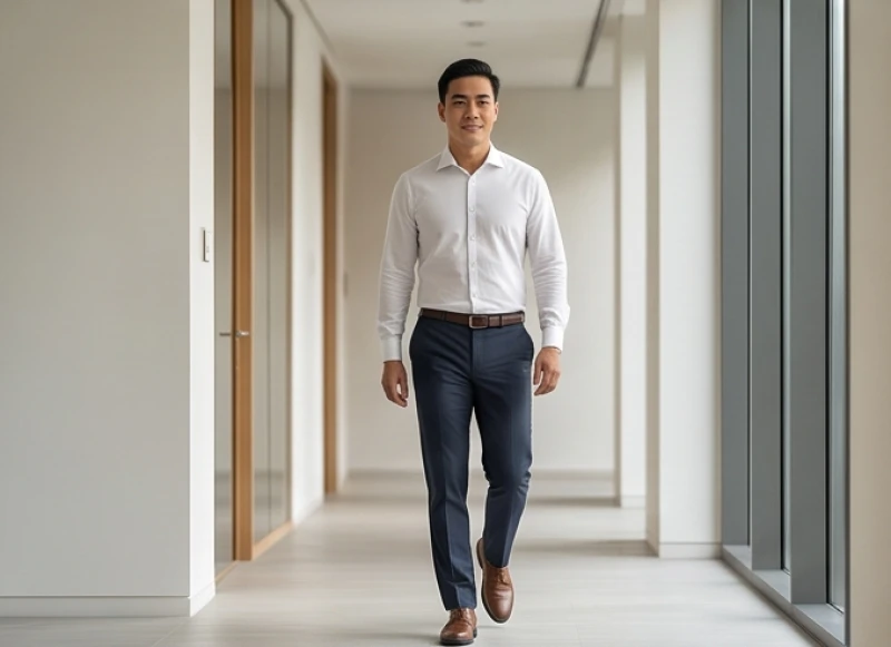 Xem tướng qua thần thái: Nhận biết khí chất và cách rèn luyện 5 Bước đi vững chãi với trục lưng thẳng tắp của một người đàn ông trong không gian làm việc chuyên nghiệp