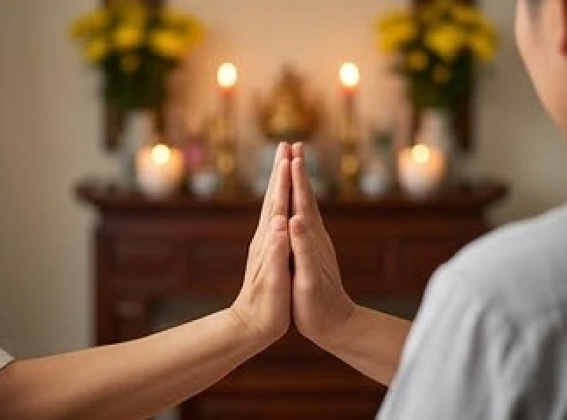 Văn khấn tất niên gia tiên: Bản Nôm chuẩn và trình tự nghi lễ 7 Gia chủ chắp hai tay hình hoa sen trước ngực và nhắm mắt thành tâm khi đọc văn khấn tất niên gia tiên