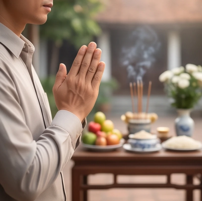 Văn khấn ngoài trời ngày rằm: Bài cúng chuẩn, vị trí và hướng lạy 8 Đôi bàn tay chắp lại trang nghiêm ngang tầm ngực của người đàn ông đang đứng khấn trước mâm lễ ngoài sân