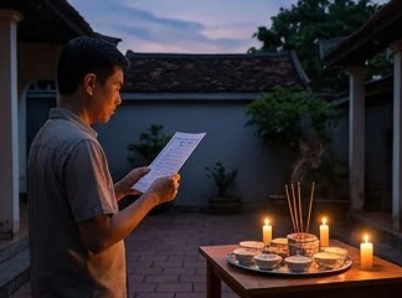 Gia chủ chắp tay đứng nghiêm trang trước mâm lễ ngoài trời, đọc bài khấn với giọng trầm ấm
