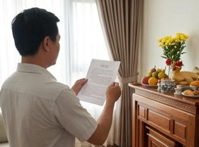 Người chủ lễ đứng thẳng lưng, hai tay cầm tờ văn khấn ngang ngực và đọc rõ ràng trước mâm cúng