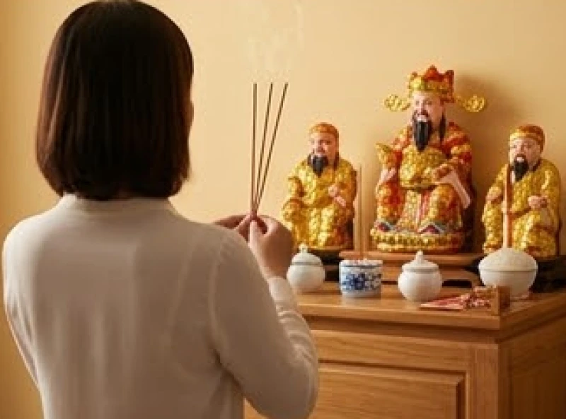 Văn khấn Thần Tài mùng 1: Mâm lễ, giờ hoàng đạo và cách đọc chuẩn 8 Gia chủ đứng trực diện với ban thờ Thần Tài, tay cầm nén nhang dâng ngang tầm ngực