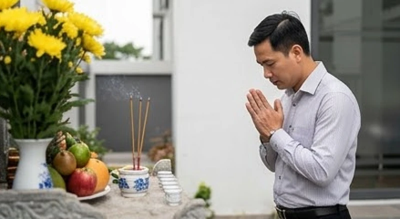 Văn khấn ngoài trời mùng 1: Trình tự cúng, mâm lễ & giờ tốt 2 Người đàn ông mặc trang phục lịch sự chắp tay thành kính đọc văn khấn ngoài trời mùng 1 trước mâm lễ