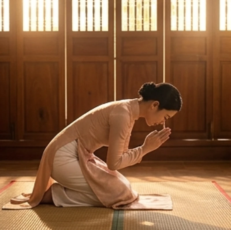 Người phụ nữ ngồi bệt thu gọn chân sang một bên một cách đoan trang khi thực hiện động tác lạy trước ban thờ