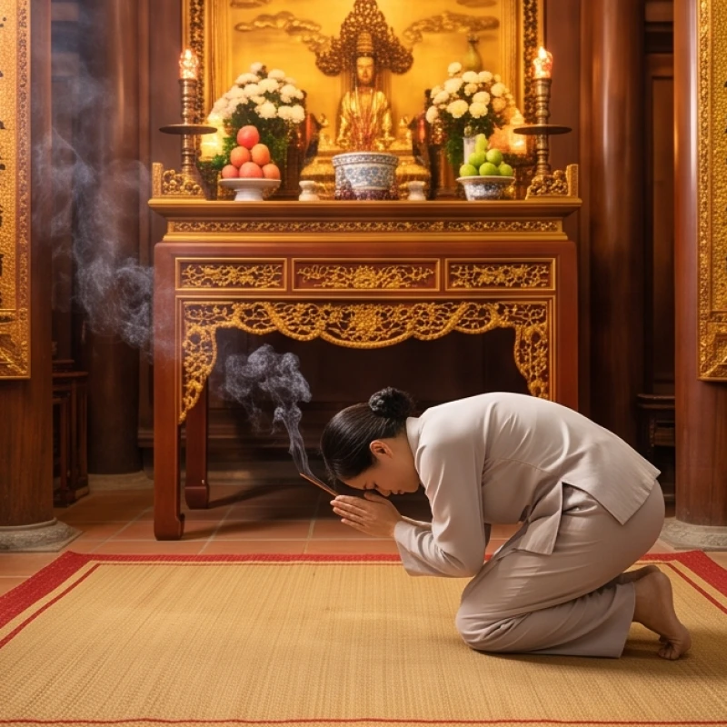 Người hành lễ cúi lạy thành tâm sát đất để bày tỏ lòng thành kính trước ban thờ chốn linh thiêng