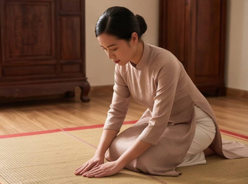 Văn khấn và bài cúng khác nhau thế nào: Phân biệt chuẩn nghi lễ 7 Người phụ nữ ngồi quỳ tọa trên chiếu, nhẹ nhàng cúi đầu với hai tay xòe úp đất thành kính