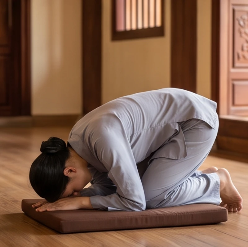 Tư thế quỳ lạy sát đất với trán, hai tay và hai đầu gối chạm hoàn toàn xuống mặt đệm lạy trước ban Phật