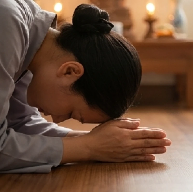 Tư thế lạy Phật với hai đầu gối chạm đất, hai bàn tay ngửa lên như bông sen nở đón nhận giáo pháp