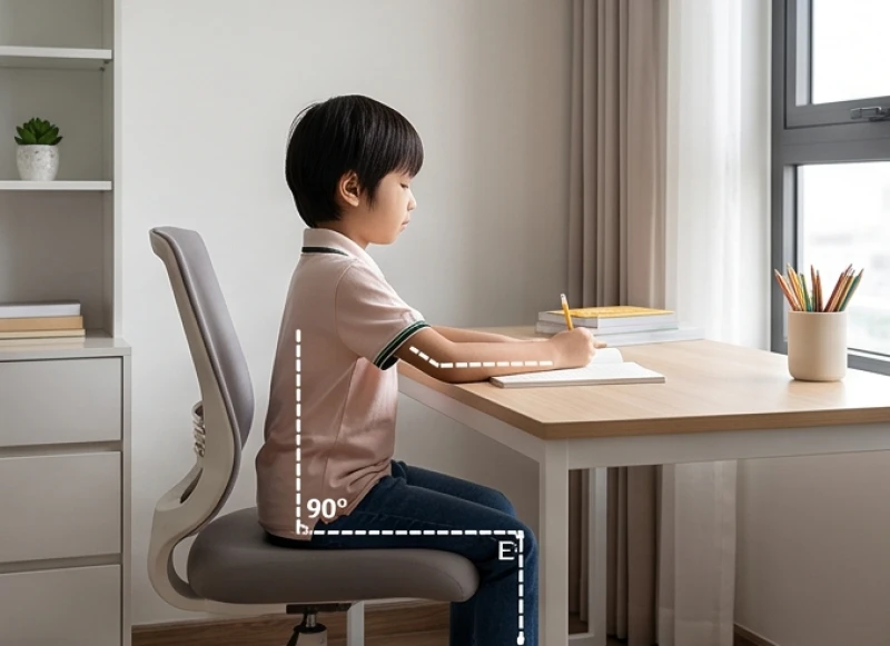 Trẻ duy trì tư thế ba góc 90 độ khi ngồi vào góc chuẩn hướng bàn học cho trẻ tuổi ất mùi 2015