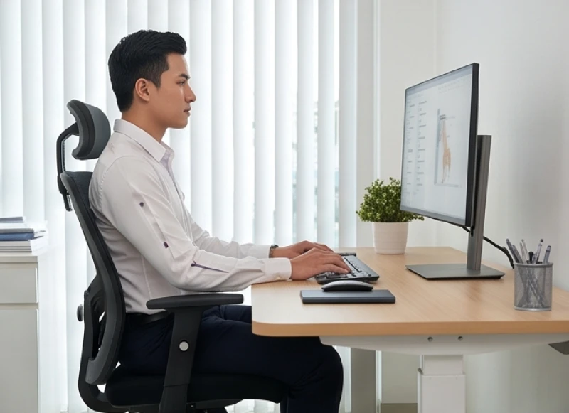 Sức khỏe tuổi Dần năm 2026: Bản đồ tầm soát theo độ tuổi 6 Nam nhân viên văn phòng tập trung làm việc với tư thế ngồi chuẩn chỉnh và góc khuỷu tay gập vuông góc