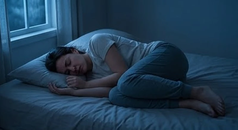 Mơ thấy chạy trốn: Giải mã tâm lý, điềm báo & sổ mơ bối cảnh 2 Người phụ nữ nằm cuộn tròn trên giường với nét mặt căng thẳng, minh họa cho tư thế ngủ sai gây chèn ép lồng ngực