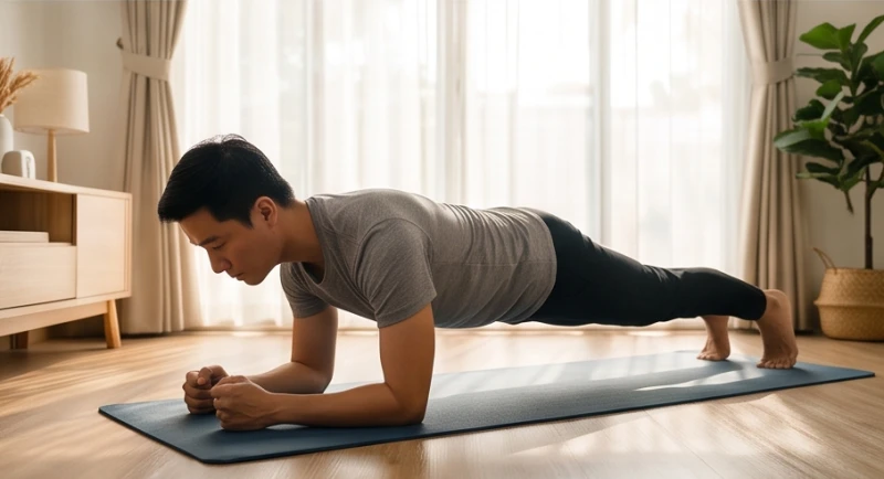 Tư thế Plank cơ bản được thực hiện trên thảm tập với hai khuỷu tay vuông góc và lưng giữ thẳng