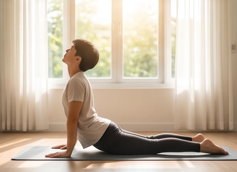 Người tập yoga thực hiện tư thế rắn hổ mang kéo giãn cột sống thắt lưng trên thảm tập