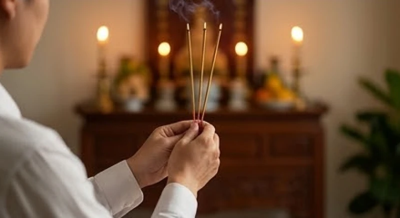 Văn khấn gia tiên rằm tháng 7 chuẩn cổ truyền và cách sắm lễ 7 Đôi bàn tay chắp lại trang nghiêm nâng ba nén hương rực đỏ hướng về phía bàn thờ tổ tiên