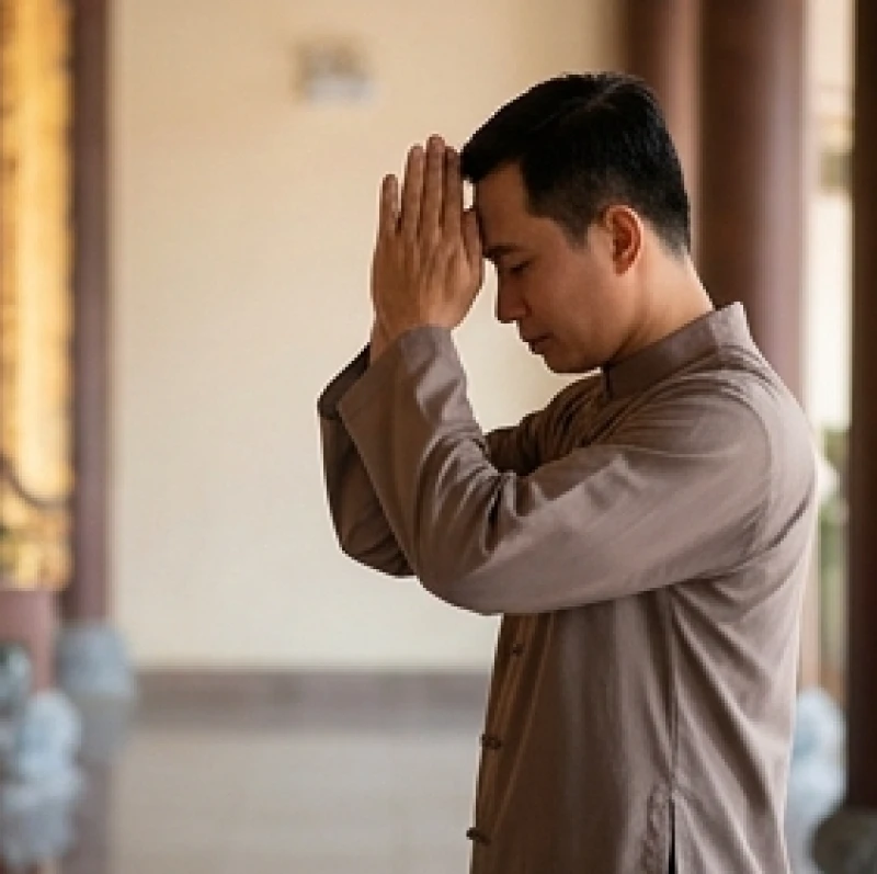 Hướng dẫn tư thế vái chuẩn mực với hai tay chắp ngang ngực và đưa lên cao cỡ ngang trán trước khi từ từ hạ xuống