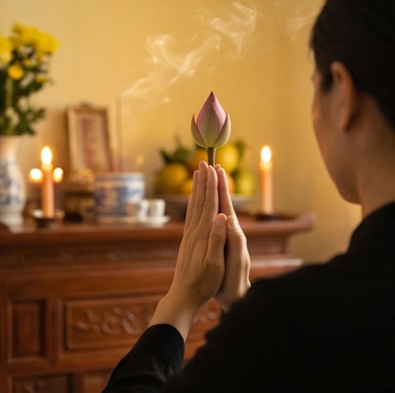 Gia chủ chắp tay hình búp sen ngang ngực, thực hiện nghi thức vái lạy trước mâm lễ gia tiên