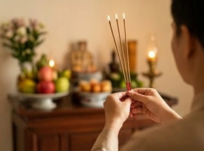 Văn khấn Tết Đoan Ngọ mùng 5 tháng 5: Bài cúng chuẩn nghi lễ 6 Người đàn ông đứng cách ban thờ một khoảng vừa phải nâng ba nén hương ngang trán