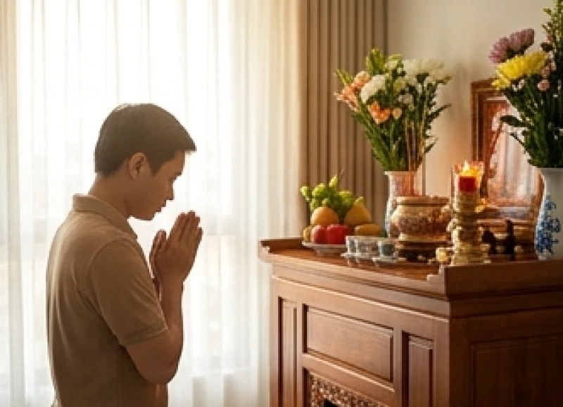 Văn khấn thần linh tại nhà: Trình tự cúng chuẩn và bài khấn 5 Gia chủ đứng chính diện bàn thờ, hai tay chắp trước ngực thực hiện nghi thức vái lạy thần linh