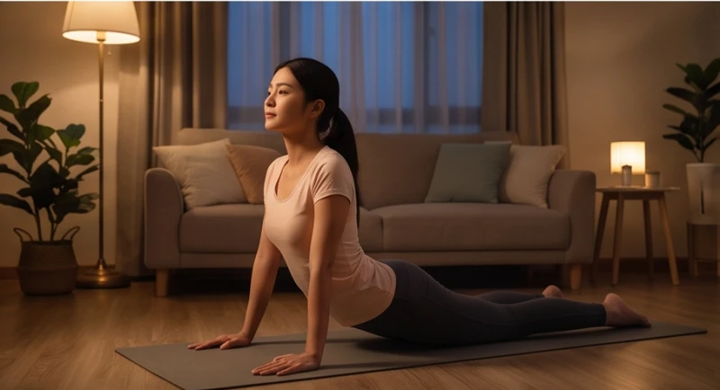 Mơ thấy rắn xanh: Giải mã điềm báo và cách trấn an tâm lý 7 Cô gái đang thực hiện tư thế yoga rắn hổ mang trên thảm tập giúp điều hòa nhịp tim và thư giãn tinh thần