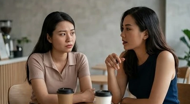 Mơ thấy chồng mình có con với người khác: Điềm báo & sổ mơ 4 Hai người phụ nữ trò chuyện tại quán cà phê với biểu cảm gượng gạo ẩn chứa sự so sánh ngầm