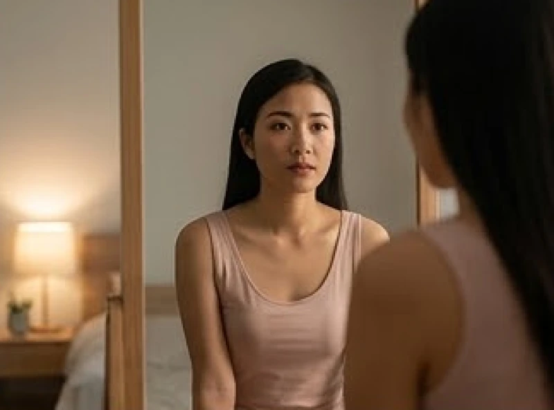 Người phụ nữ đứng trước gương với ánh mắt buồn bã, phản ánh tâm lý thiếu an toàn trong hôn nhân