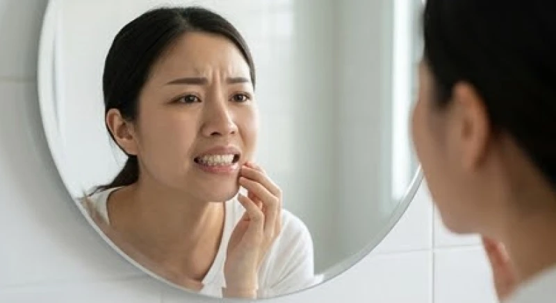 Mơ thấy răng thưa: Giải mã điềm báo, bảng số và hướng xử lý 1 Người phụ nữ soi gương kiểm tra hàm răng với vẻ mặt đầy âu lo