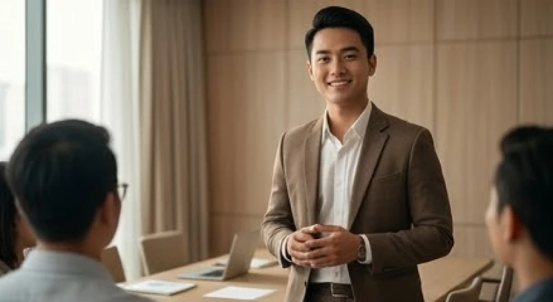Mơ thấy nói tiếng Anh: Điềm báo tâm lý và cơ chế não bộ 2 Chàng trai trẻ đứng trước phòng họp với tư thế đĩnh đạc và nụ cười rạng rỡ khi trình bày ý tưởng