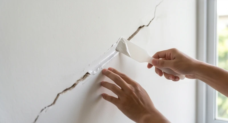 Đôi tay đang dùng bay nhựa miết chặt lớp keo acrylic lấp đầy rãnh nứt hình chữ V trên tường