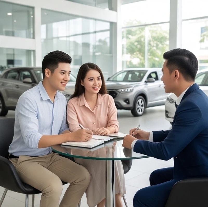 Cặp đôi đang chăm chú xem sổ tay và lắng nghe tư vấn viên tại không gian tiếp khách của showroom ô tô