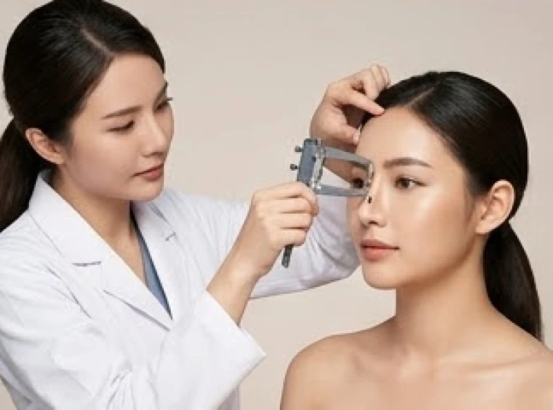 Bác sĩ thẩm mỹ đang tư vấn đo đạc tỷ lệ dáng mũi cho khách hàng trước khi tiến hành phẫu thuật