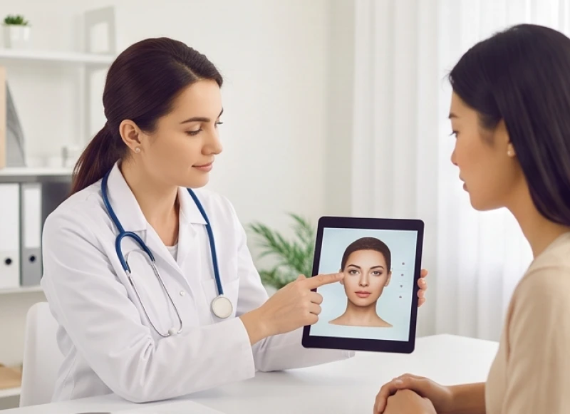 Bác sĩ thẩm mỹ đang thăm khám và đo vẽ tỷ lệ dáng mũi cho khách hàng trước khi phẫu thuật
