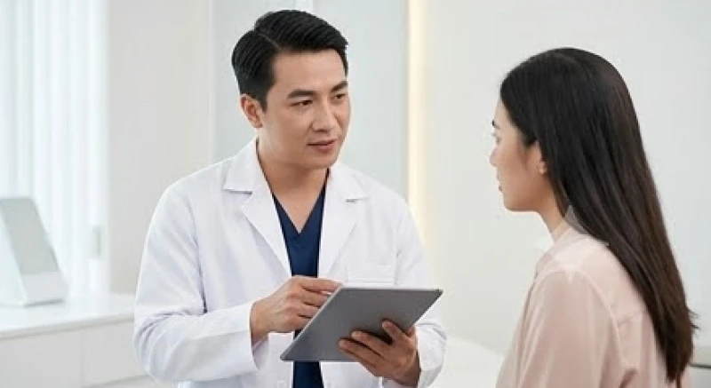 Bác sĩ chuyên khoa thẩm mỹ đang tư vấn trực tiếp và thăm khám cấu trúc mũi cho khách hàng