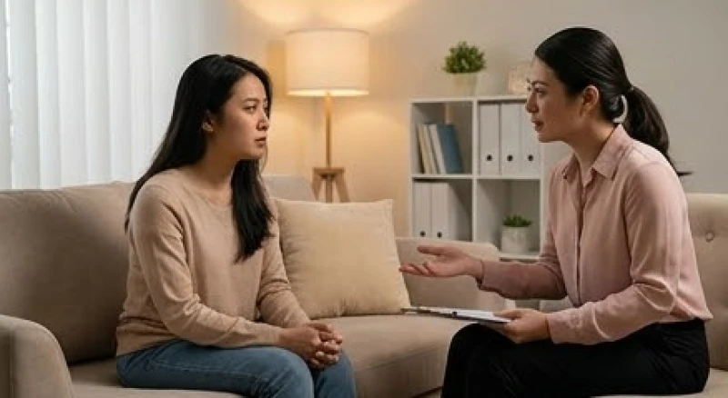 Mơ thấy tai nạn: Giải mã điềm báo, con số và cách hóa giải 6 Bệnh nhân đang ngồi trò chuyện với bác sĩ tâm lý để giải tỏa căng thẳng và áp lực cuộc sống mãn tính