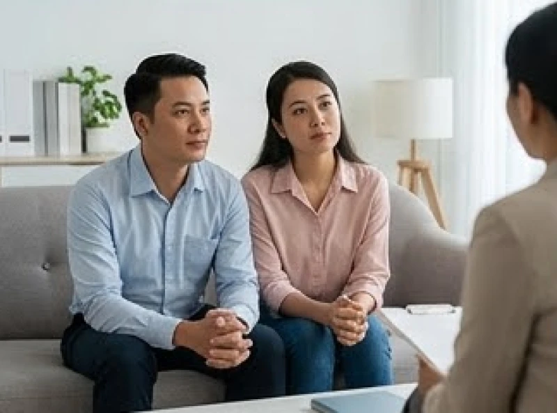 Cặp vợ chồng đang lắng nghe những chia sẻ thấu đáo trong không gian tư vấn chuyên nghiệp